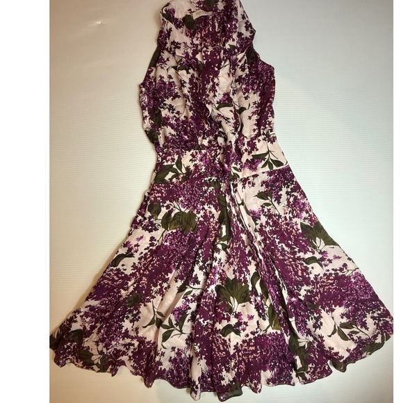 Bryan Bradley Floral Print 100% Silk Dress Sleeveless Purple halter Fit Flare M - Picture 1 of 6